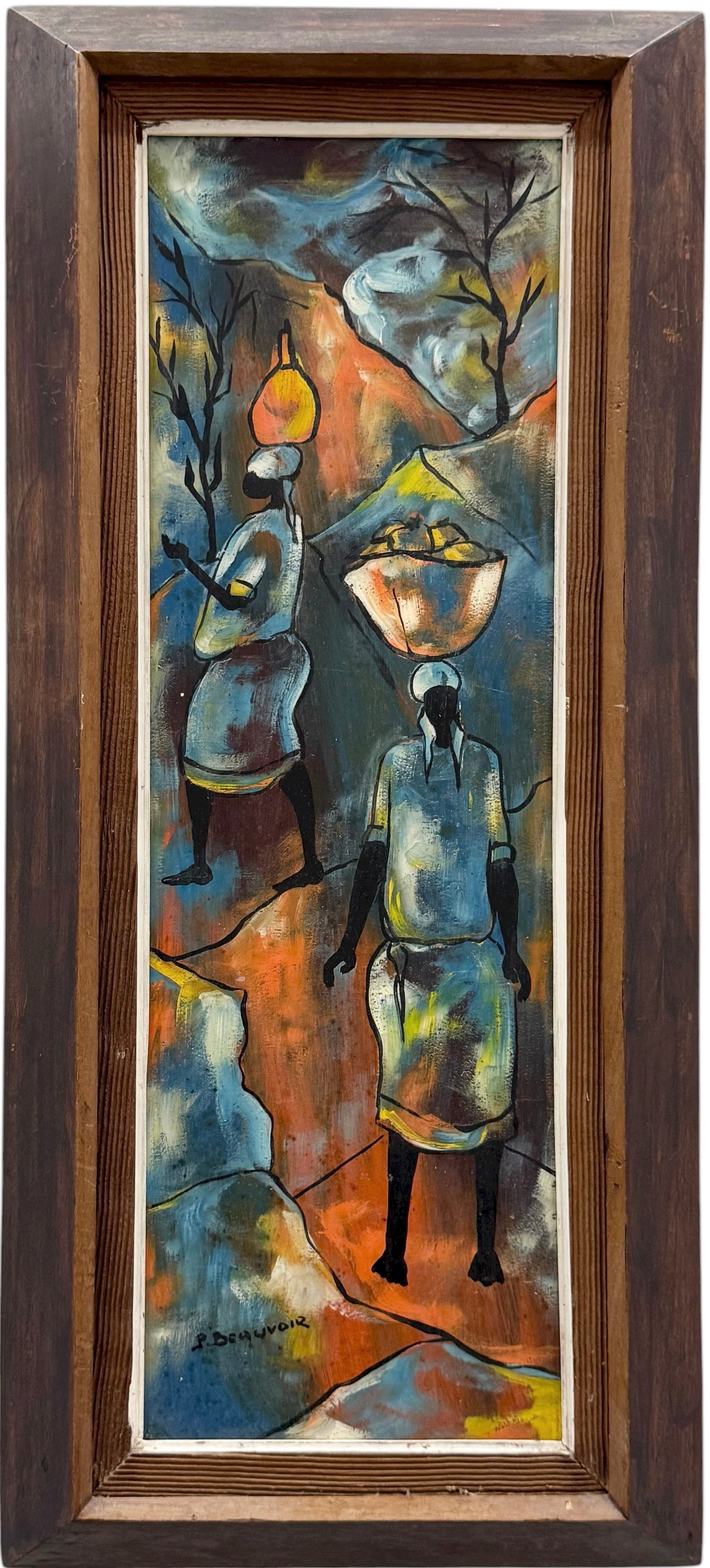 PAUL BEAUVOIR (1932-172, Haitian) Abstract: Oil on board 24 x 8 in, 29 x 13 in (framed). Domestic Flat Shipping Price: $65