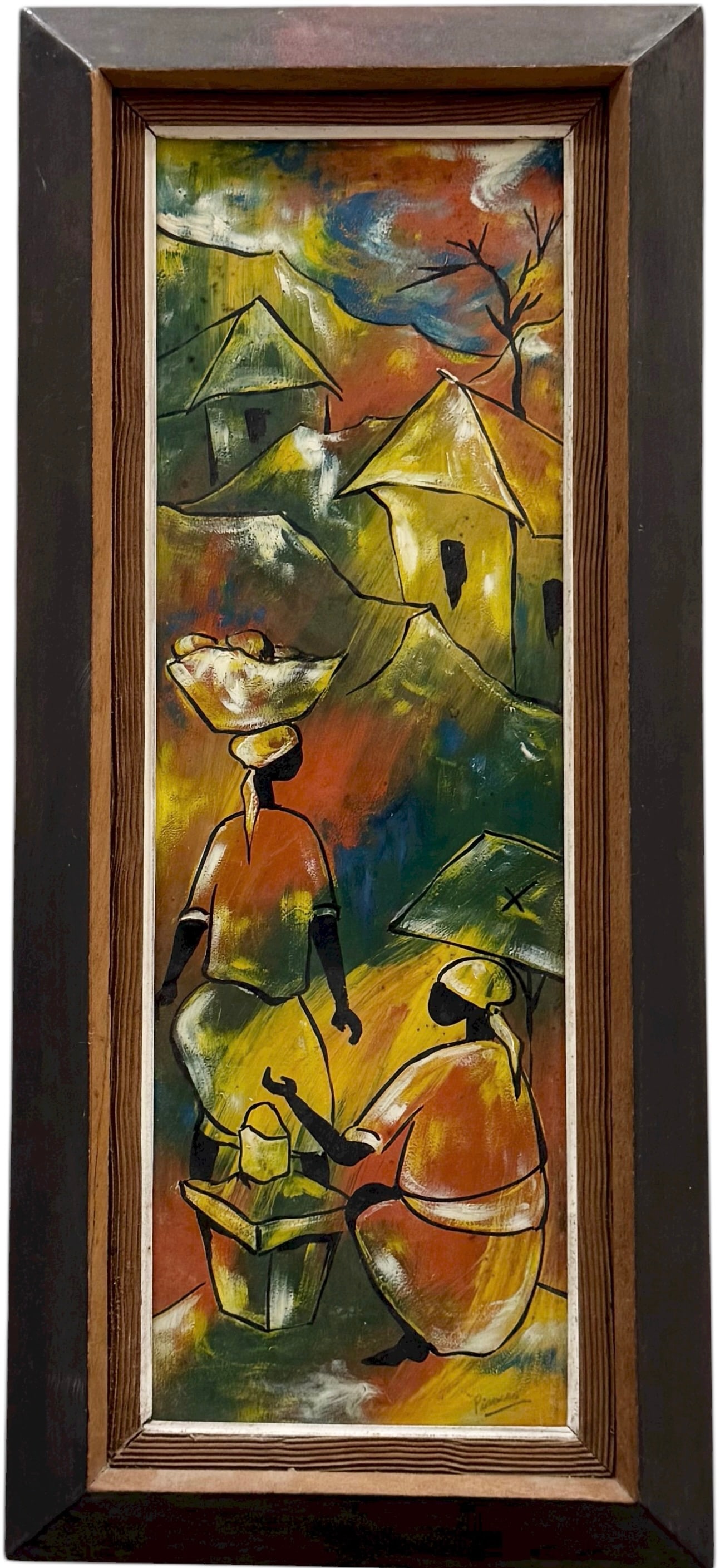 PAUL BEAUVOIR (1932-172, Haitian) Abstract: Oil on board 24 x 8 in, 29 x 13 in (framed). Domestic Flat Shipping Price: $65