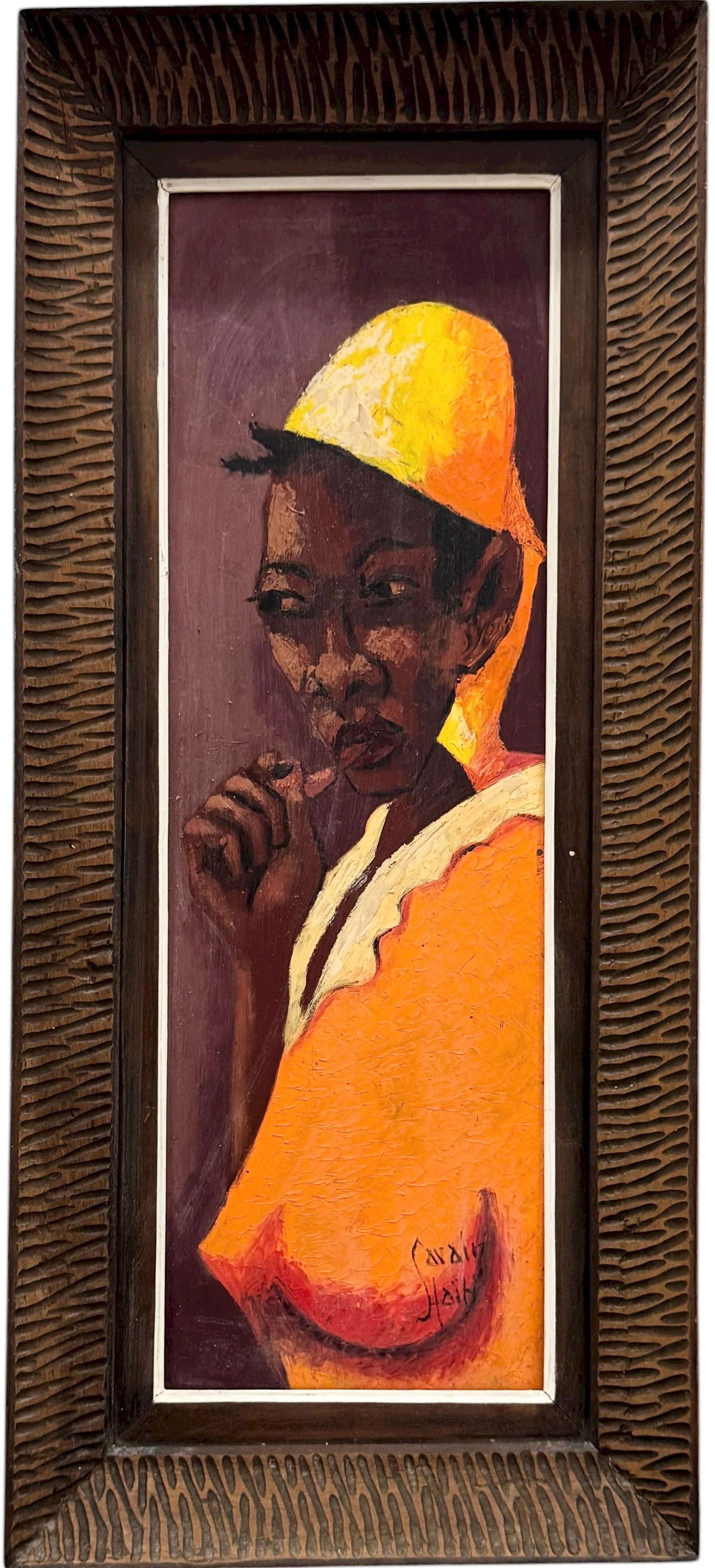 SAVAIN PETION (1906-1973, Haiti) Modernist: Oil on board 24 x 8 in, 29 x 13 in (framed). Domestic Flat Shipping Price: $65