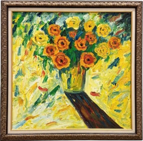 Vintage Modernist Still Life Of Flowers Oil Painting Heavy Impasto