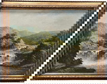 19th Century English Landscape Waterfalls On The Wye River Oil Painting