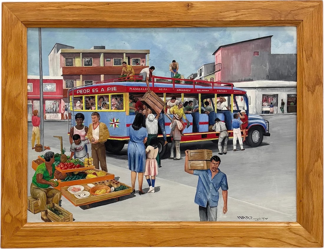 Colombian Street Scene Street Vendor With Bus Signed Oil Painting: Oil on canvas 33 x 24 in, 38 x 29 in (framed). Domestic Flat Shipping Price: $120
