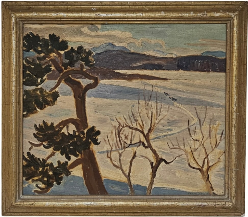 NAOMI JACKSON GROVES (1910-2201, Canadian) Fauvist Winter Landscape, Quebec Artist: Oil on board 13 x 11 in, 15 1/2 x 13 1/2 in (framed). Domestic Flat Shipping Price: $55