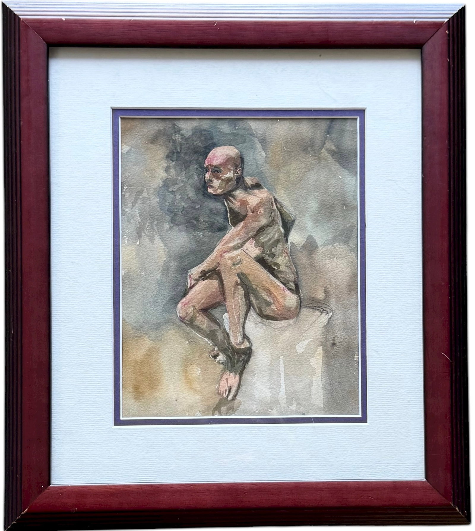 JUAN LUIS ILISASIGUI (b. 1964 Cuba) Male Nude Watercolor: Watercolor on paper 9 1/2 x 7 1/2 in (image), 16 1/2 x 14 1/2 in (framed). Domestic Flat Shipping Price: $55