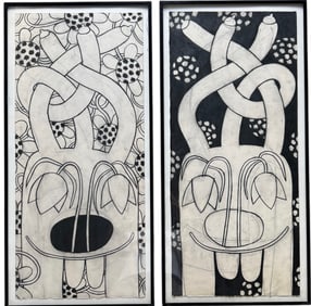 Pair Of Vintage Modern Black & White Floral Abstract Paintings