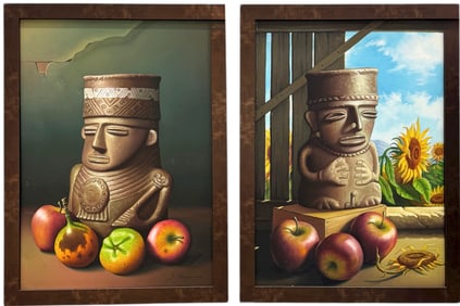 Pair Of Colombian Ancient Sculpture Signed Still Life Paintings