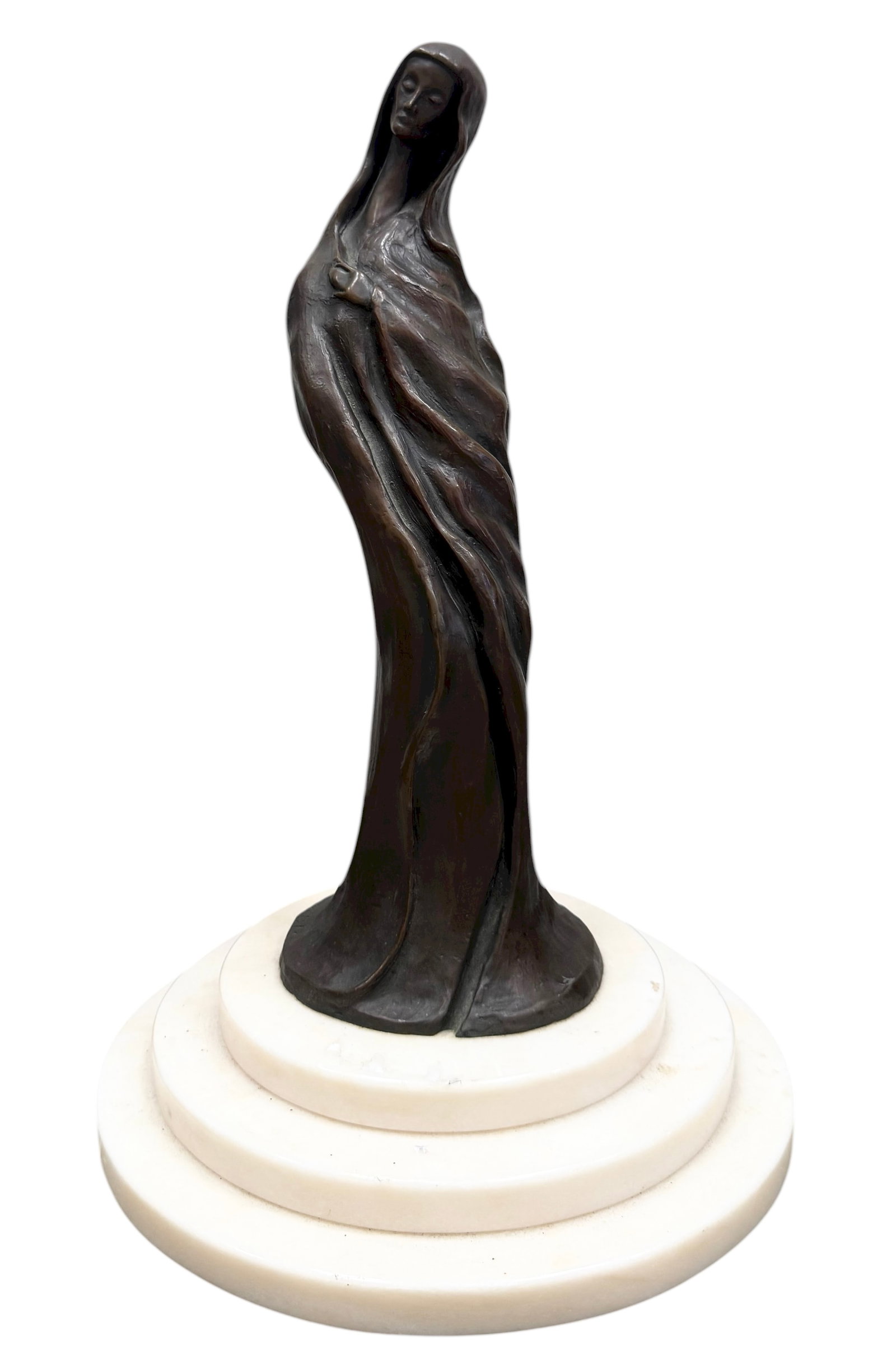Modernist Signed Sculpture Of A Veiled Woman Bronze On Marble Base 17": Size 17 1/2 x 11 in. Domestic Flat Shipping Price: $80