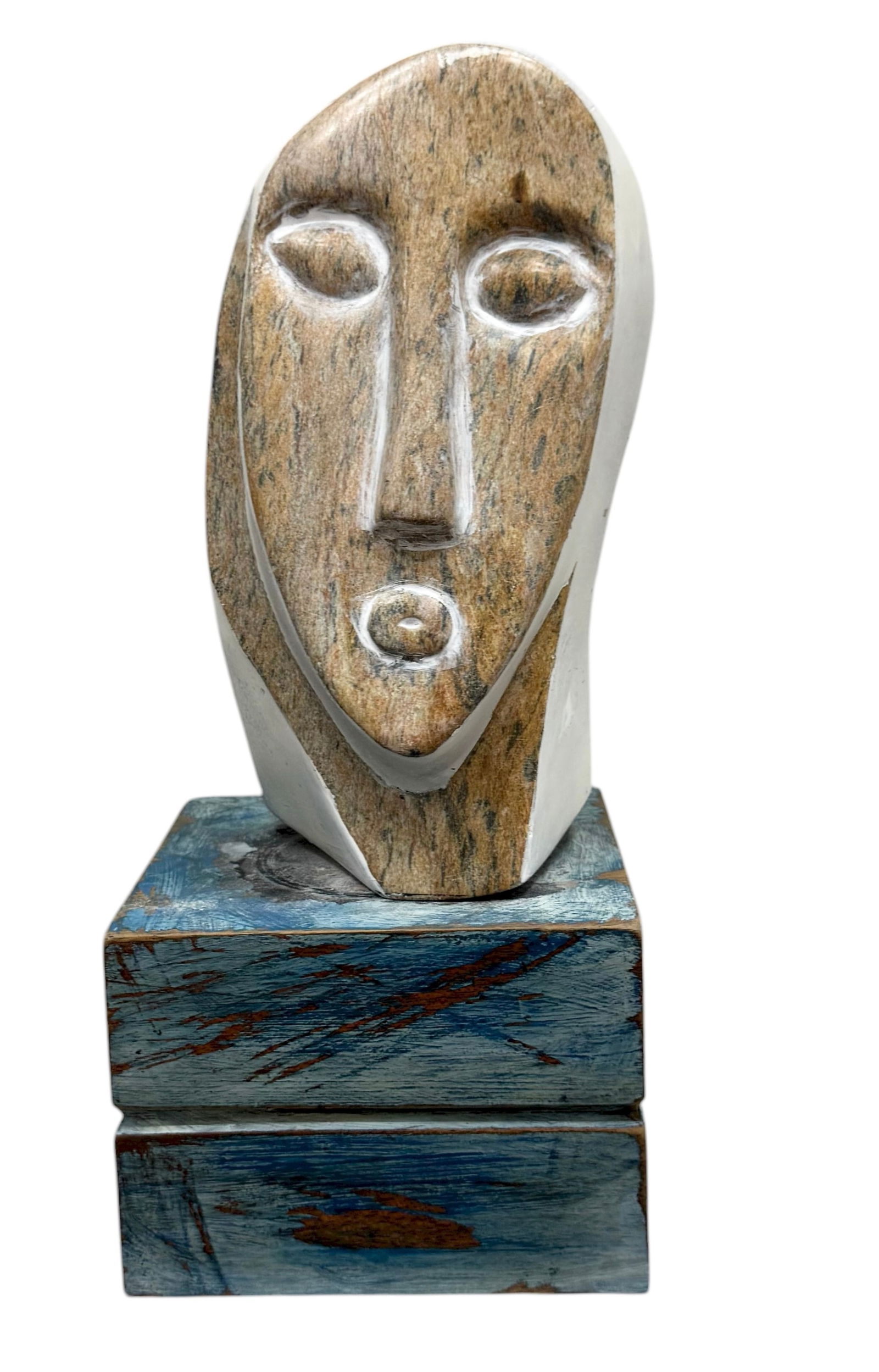 Modernist Carved Stone Head Sculpture On Wood Base (1 of 3)