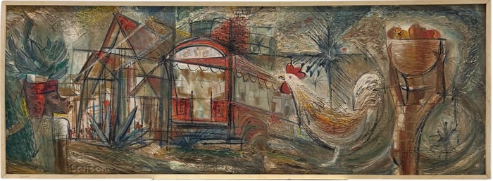 Large Haitian School Modernist Village Scene Signed Oil On Canvas Painting