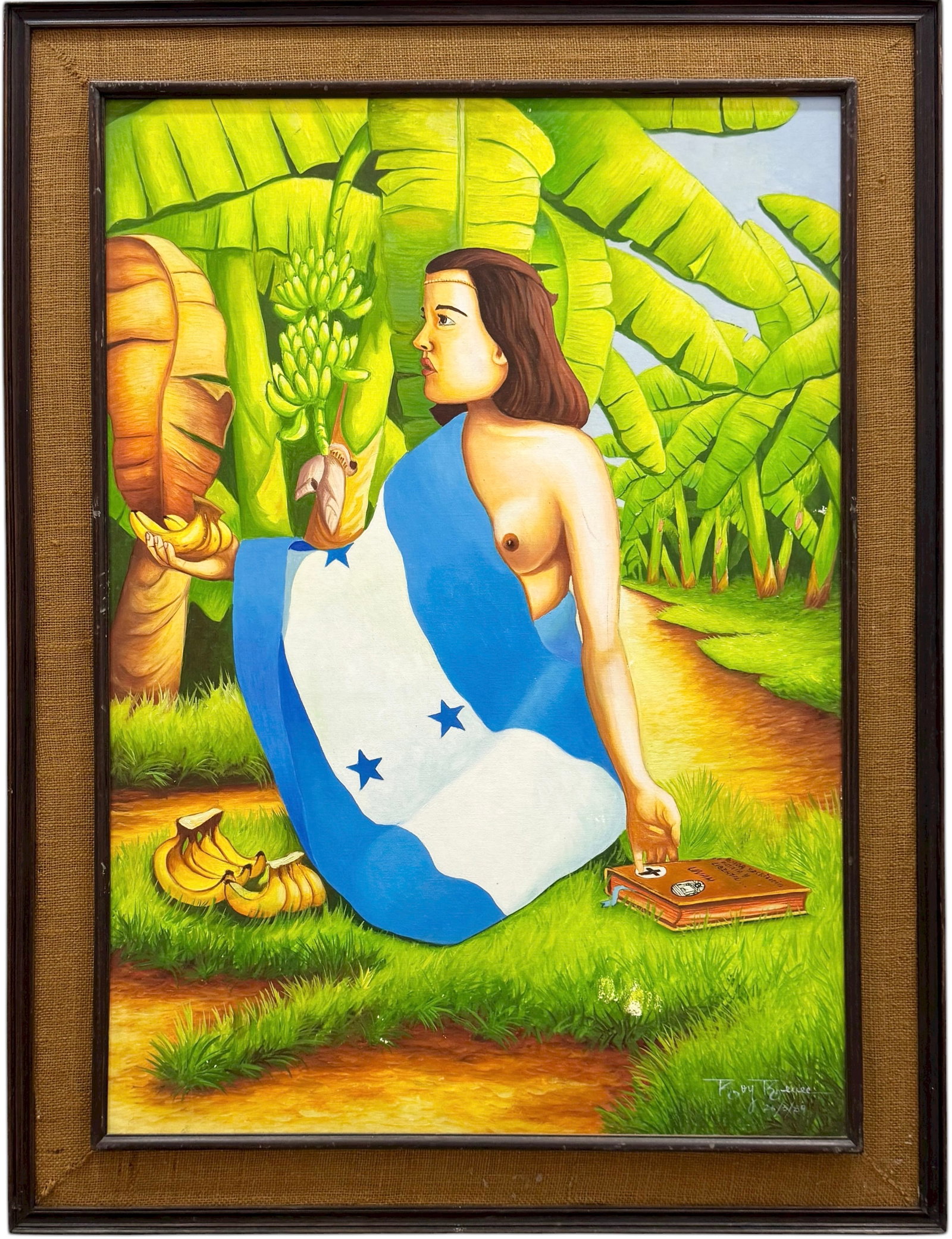 ROY RENEE (20th c, Honduras) Nude In Landscape Draped With Flag: Oil on canvas 40 1/2 x 31 1/2 in (framed). Domestic Flat Shipping Price: $110