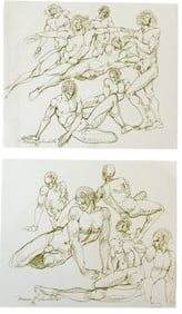 Pair Of Vintage Signed Figural Nude Studies Ink Drawings