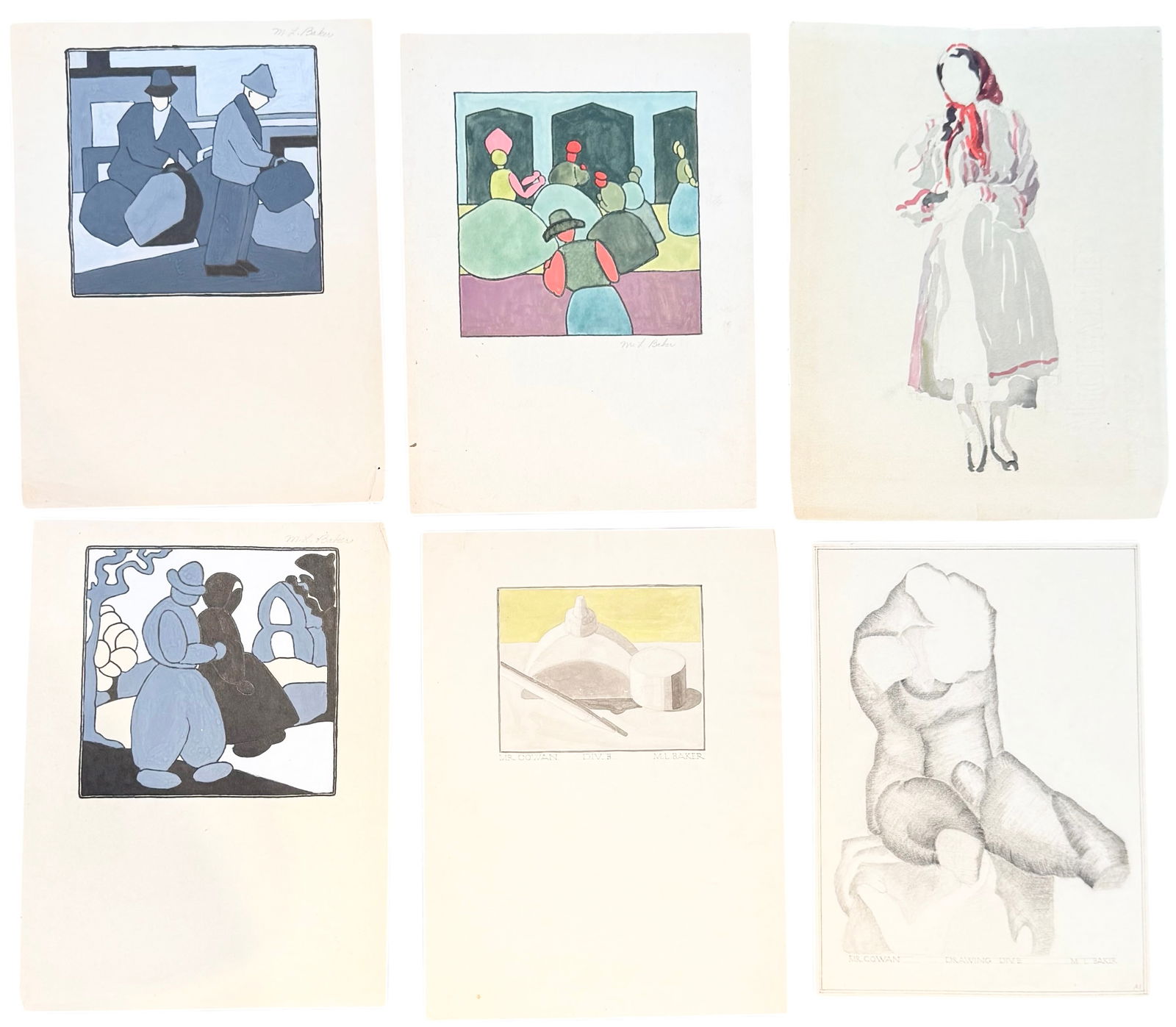 MARY BAKER (6) Grouping Of Works On Paper: 12 1/2 x 9 1/2 in (largest). Domestic Flat Shipping Price: $35