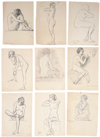 (9) Grouping of 1920's Art Deco Nude Graphite Drawing Signed Hume