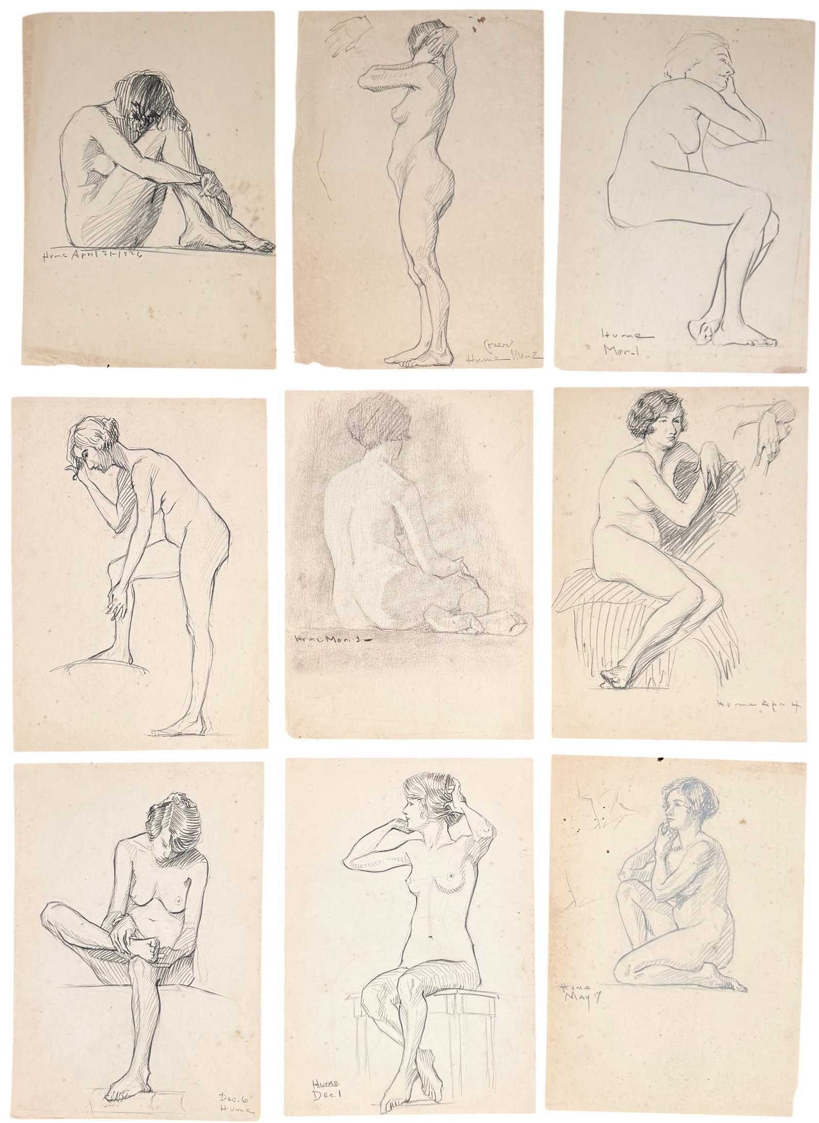 (9) Grouping of 1920's Art Deco Nude Graphite Drawing Signed Hume: Graphite on paper 14 x 10 in. Domestic Flat Shipping Price: $35