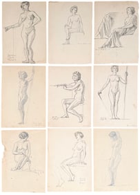(9) Grouping of 1920's Art Deco Nude Graphite Drawing Signed Hume