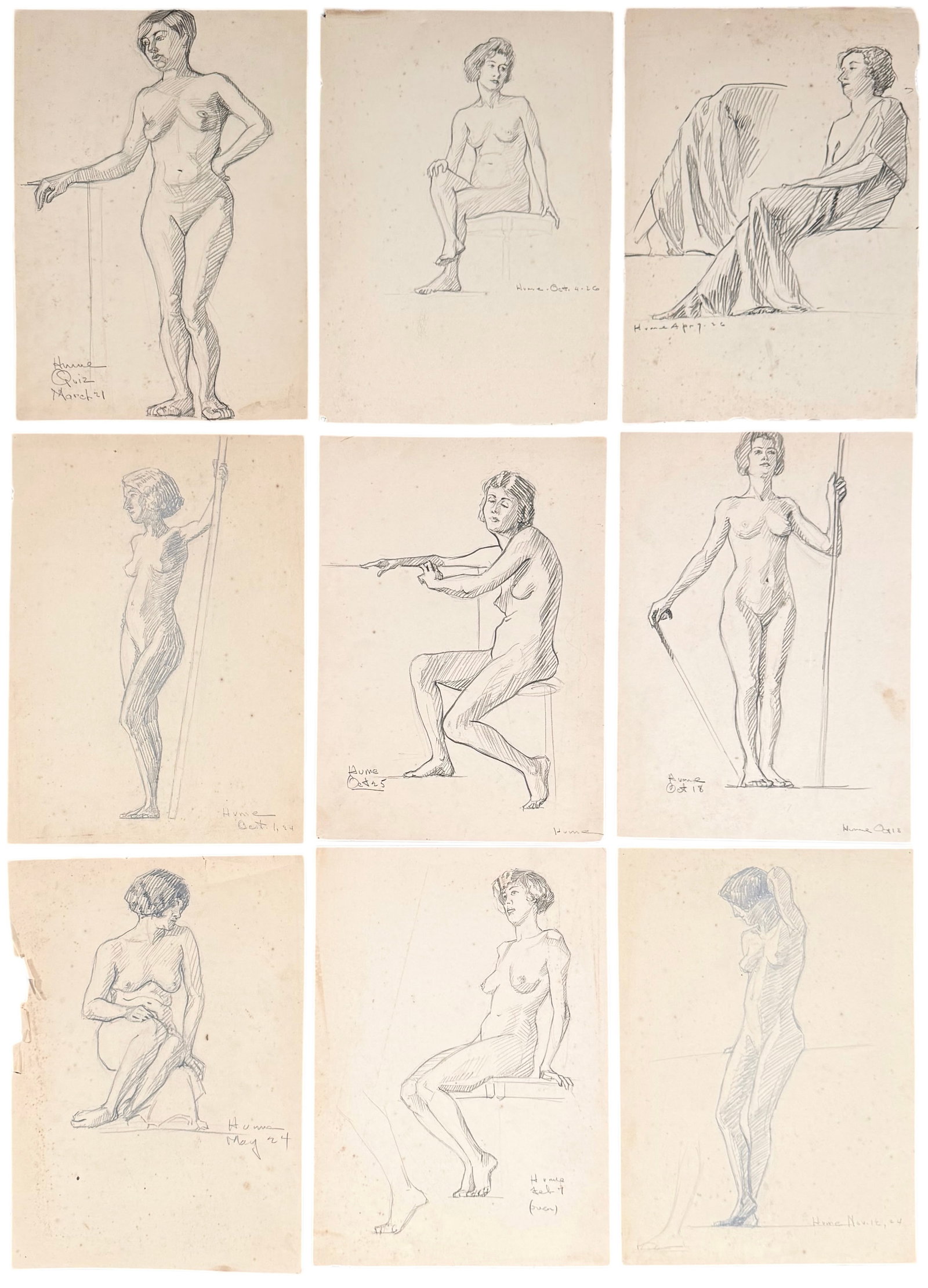 (9) Grouping of 1920's Art Deco Nude Graphite Drawing Signed Hume: Graphite on paper 14 x 10 in. Domestic Flat Shipping Price: $35