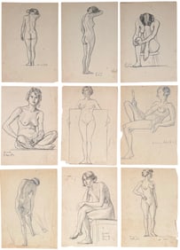 (9) Grouping of 1920's Art Deco Nude Graphite Drawing Signed Hume