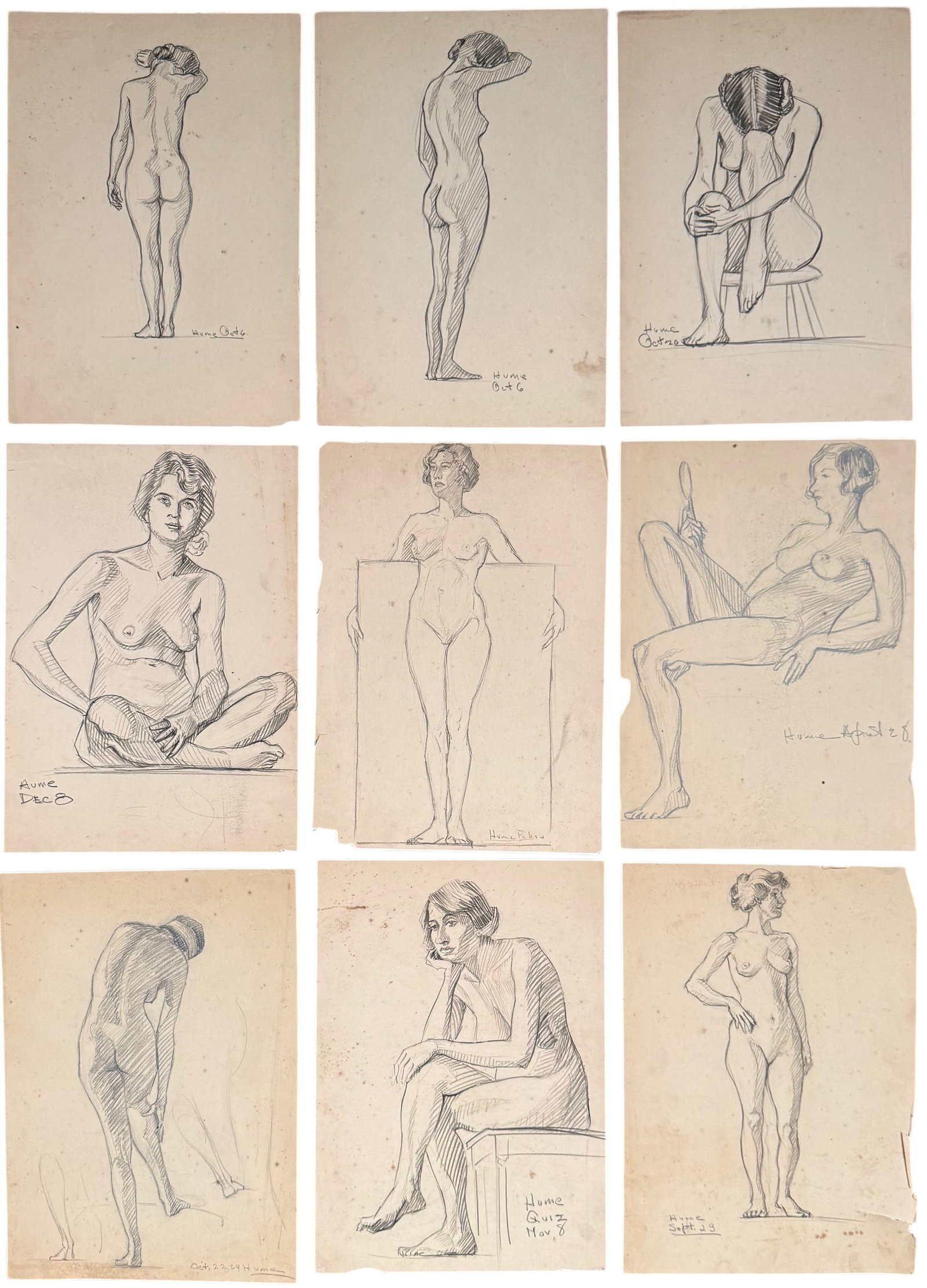 (9) Grouping of 1920's Art Deco Nude Graphite Drawing Signed Hume: Graphite on paper 14 x 10 in. Domestic Flat Shipping Price: $35