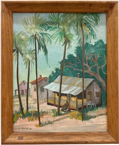 Southern School Florida Beach Scene With Shanty Houses Signed Oil Painting