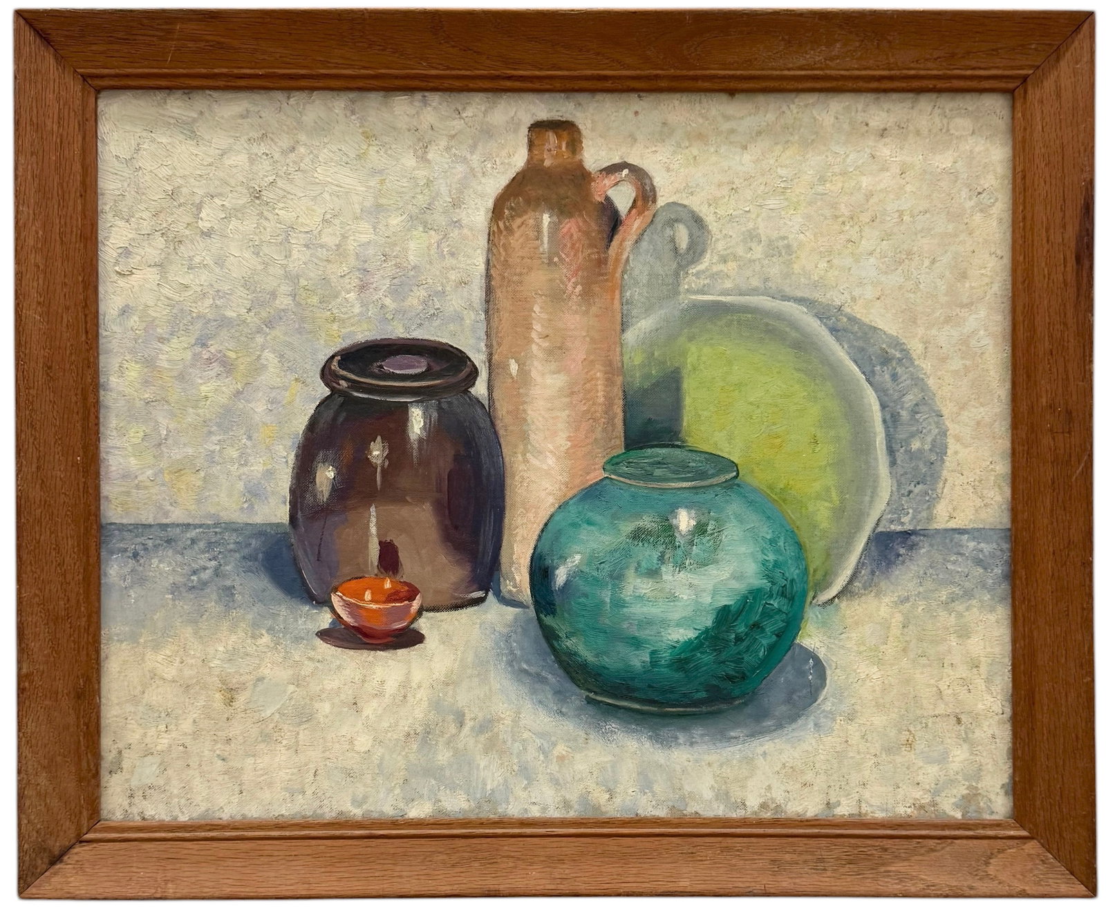 Mid-Century American Modernist Still Life Of Jugs & Bottles Oil Painting: Oil on board 22 1/2 x 18 1/2 in (framed). Domestic Flat Shipping Price: $70