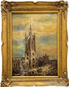 19th Century European Cityscape With Cathedral Signed Oil Painting AS IS