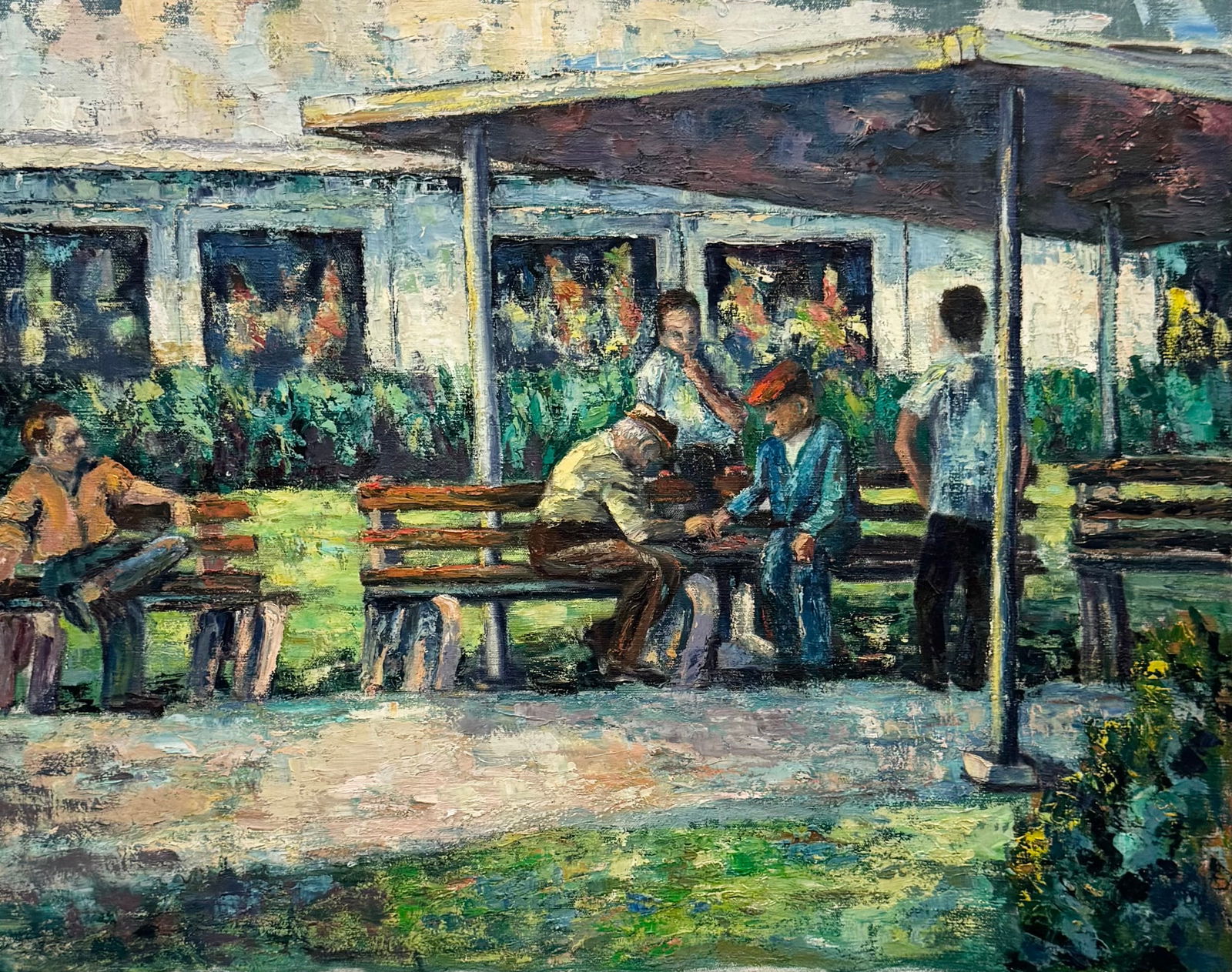 American Modern Park Scene With Men Playing Chess Oil On Canvas Painting (1 of 3)