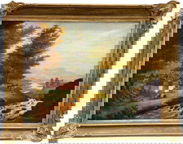 19th Century American School Folk Art River Landscape With Mountains Oil Painting