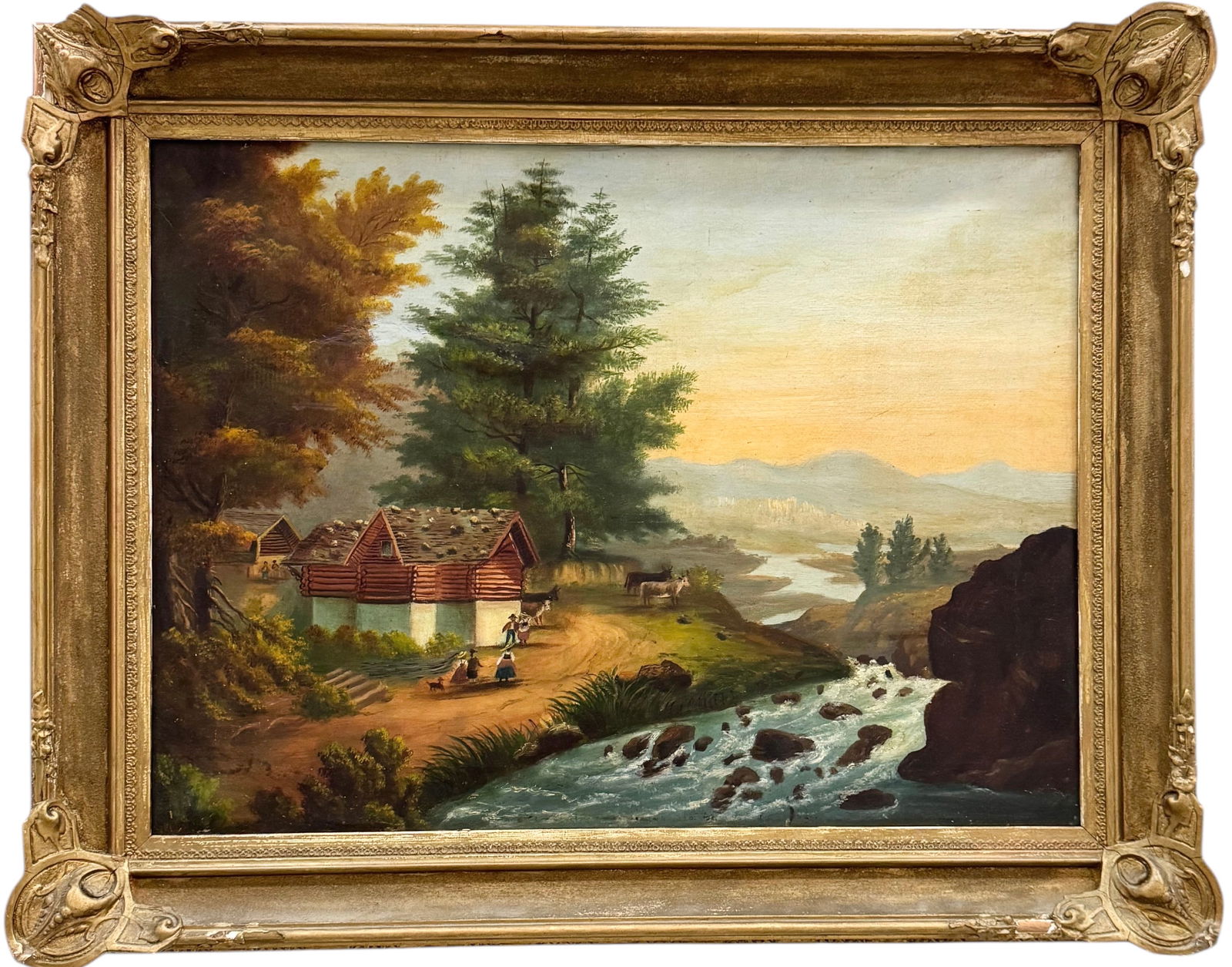 19th Century American School Folk Art River Landscape With Mountains Oil Painting (1 of 3)
