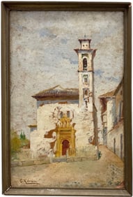 E. GARCIA Signed Spanish Impressionist Street Scene Oil On Board Painting