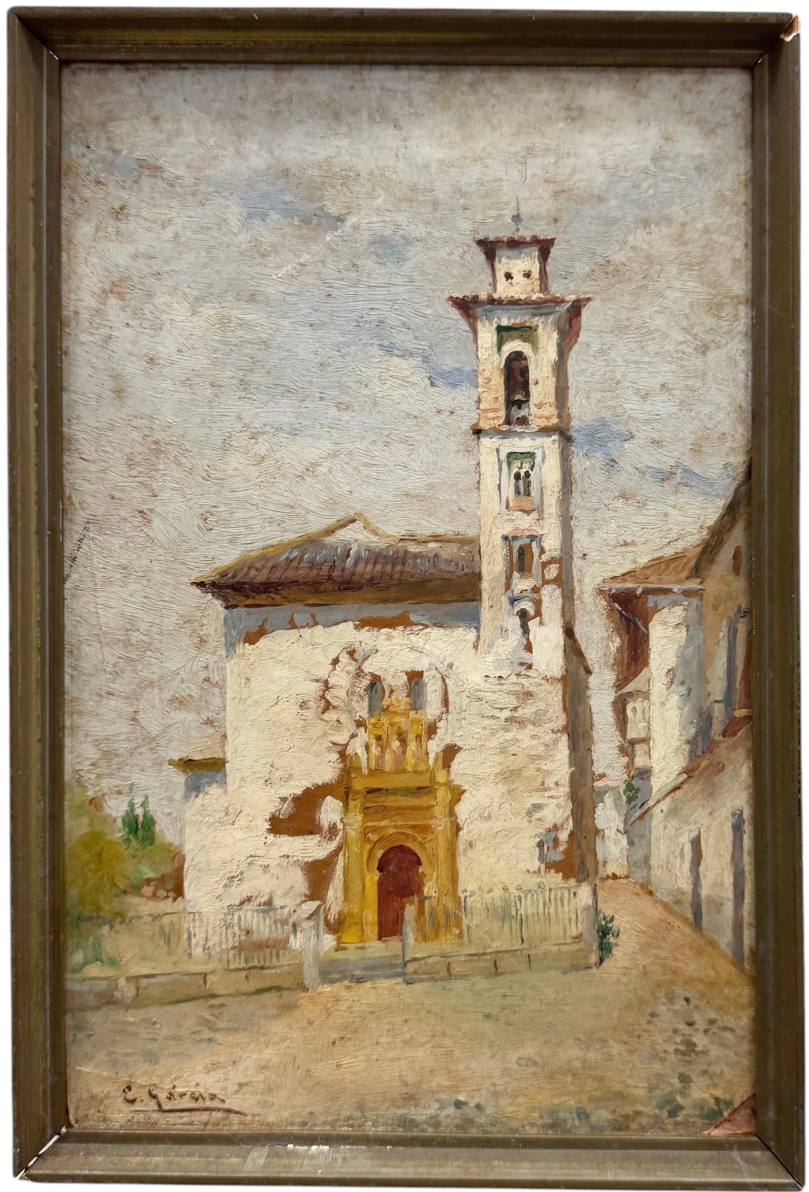 E. GARCIA Signed Spanish Impressionist Street Scene Oil On Board Painting: Oil on board 9 x 6 in. Domestic Flat Shipping Price: $35