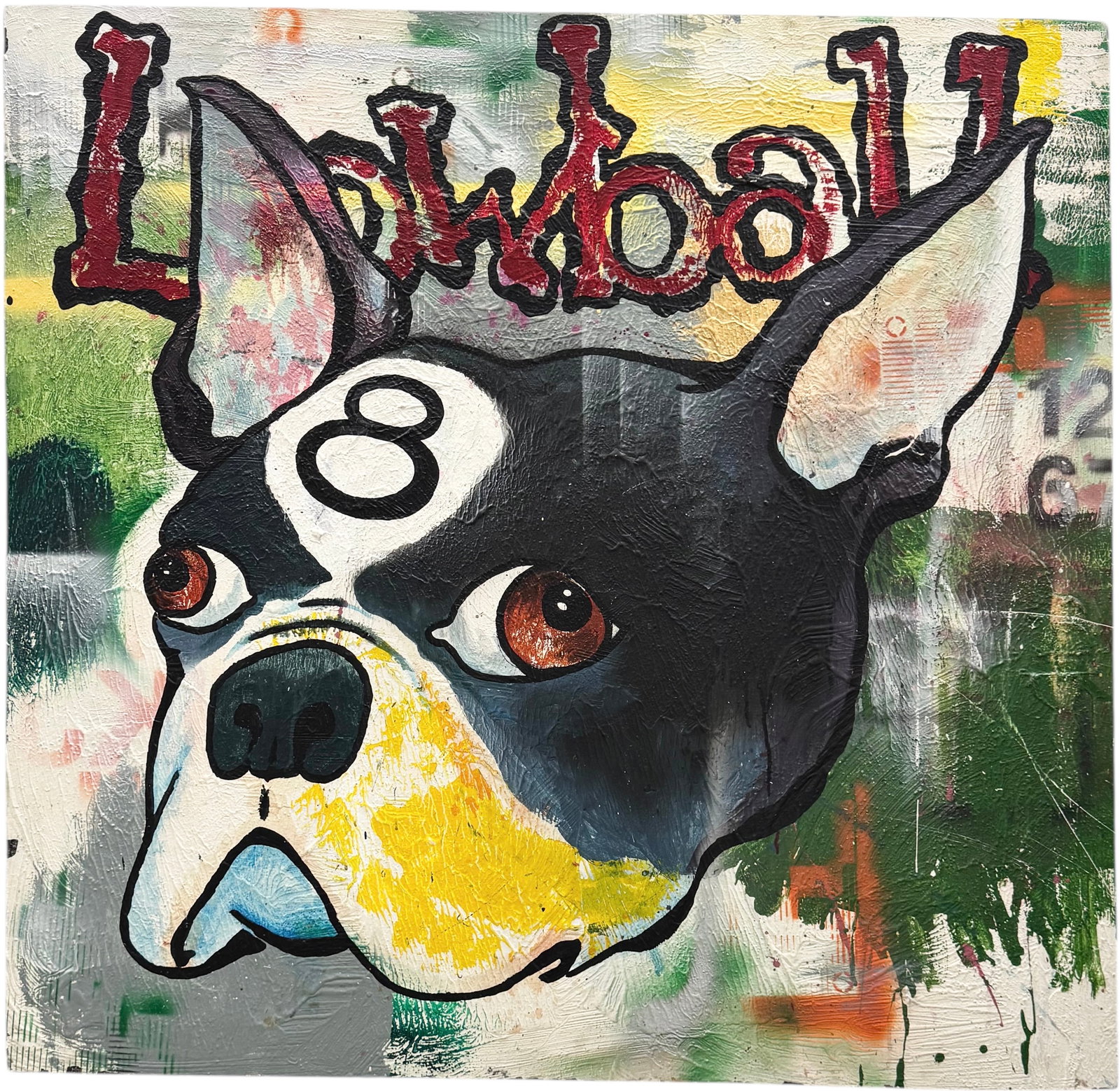 "Lowball" Monumental Contemporary Bull Dog Portrait Abstract Painting On Wood: Oil on board 48 x 47 in. Domestic Flat Shipping Price: $360