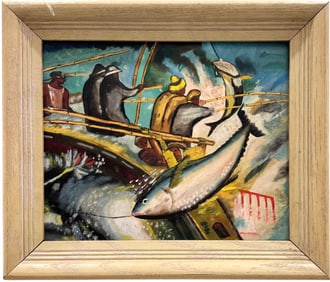 Early 20th Century American Modernist Fisherman At Sea Painting Oil On Board