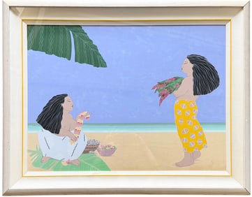 Large Modernist Hawaiian Beach Scene With Figures Signed Painting Gallery Tag Verso