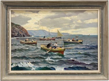 Italian School Seascape With Boats Signed Oil On Canvas