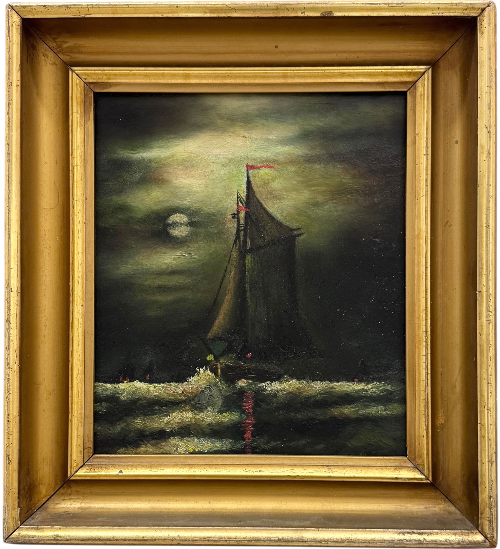 19th American School Moonlit Seascape With Ships At Night Oil On Canvas (1 of 2)