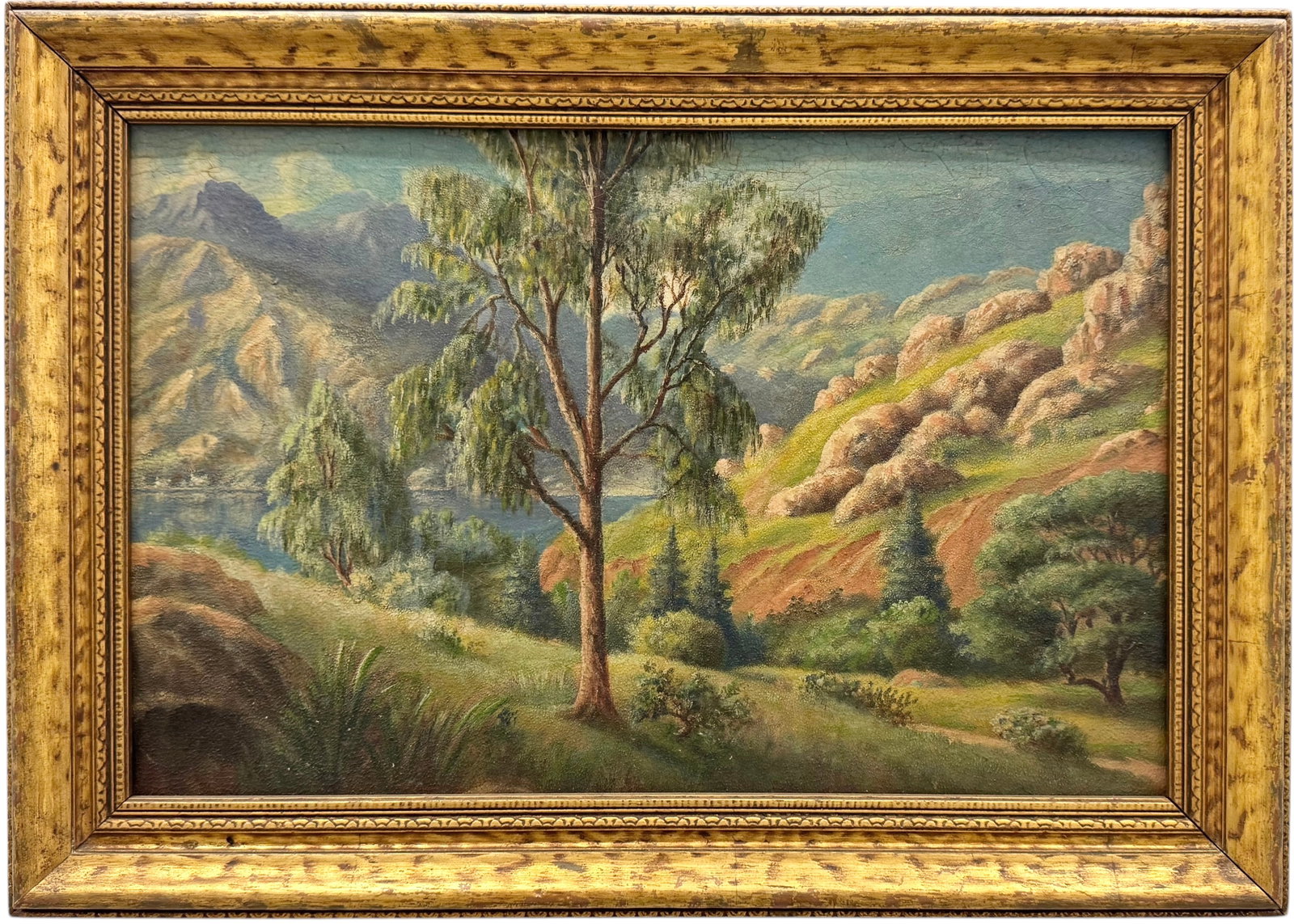 19th Century American School California Landscape Oil Painting On Academy Board: Oil on board 17 1/2 x 11 1/2 in, 21 x 15 in (framed). Domestic Flat Shipping Price: $60