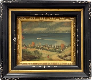 19th Century New England Seaside Townscape With Boat Oil Painting