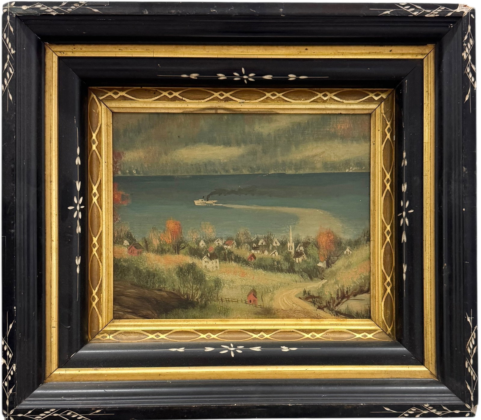 19th Century New England Seaside Townscape With Boat Oil Painting: Oil on painting 9 1/2 x 7 3/4 in, 16 x 14 in. Domestic Flat Shipping Price: $45