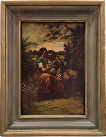 Early 19th Century Embraced Lovers In Landscape Oil Painting On Wood