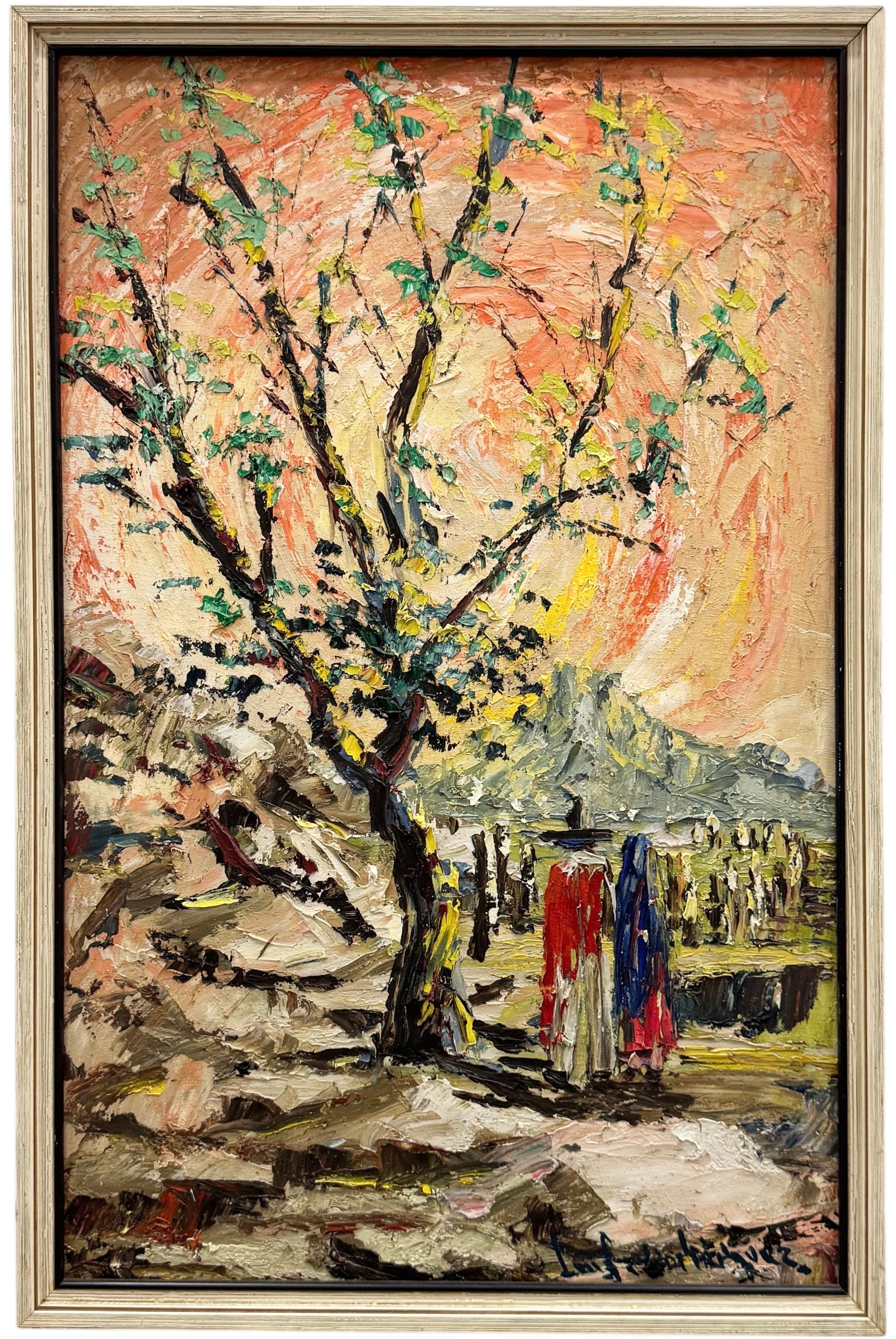 Modernist Landscape With Figures Signed Oil On Canvas Painting Heavy Impasto: Oil on canvas 28 x 18 in, 29 1/4 x 19 1/4 in (framed). Domestic Flat Shipping Price: $80