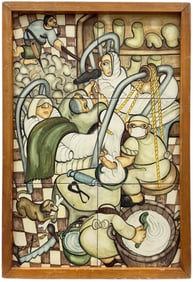 Mid-Century Signed Painted Tile Mosaic Hospital Satire Surgery Scene