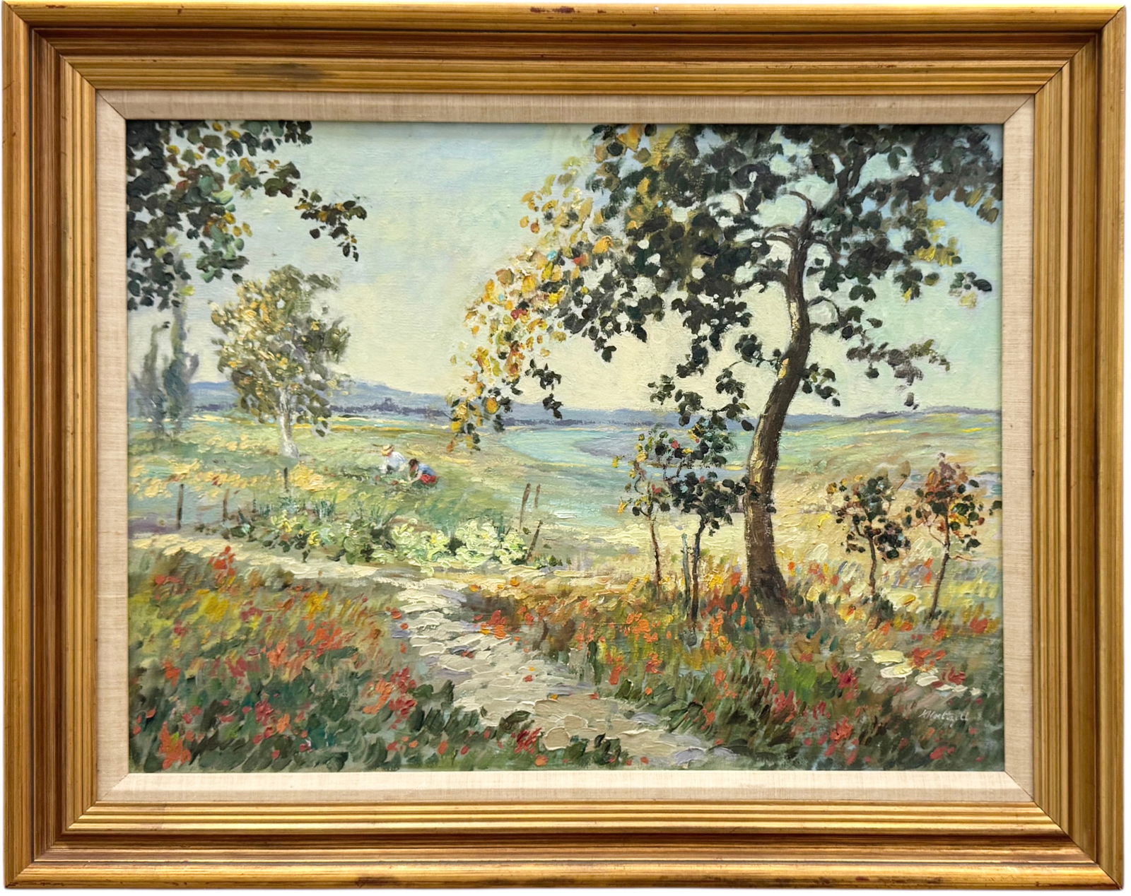 Vintage American Impressionist Landscape Figures In A Field Signed Oil Painting (1 of 4)