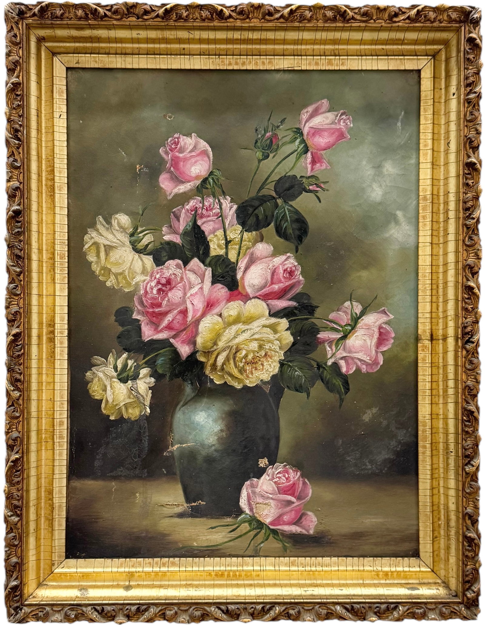 19th Century American School Still Life Of Flowers AS IS: Oil on canvas 22 x 16 in, 26 x 20 in. Domestic Flat Shipping Price: $70