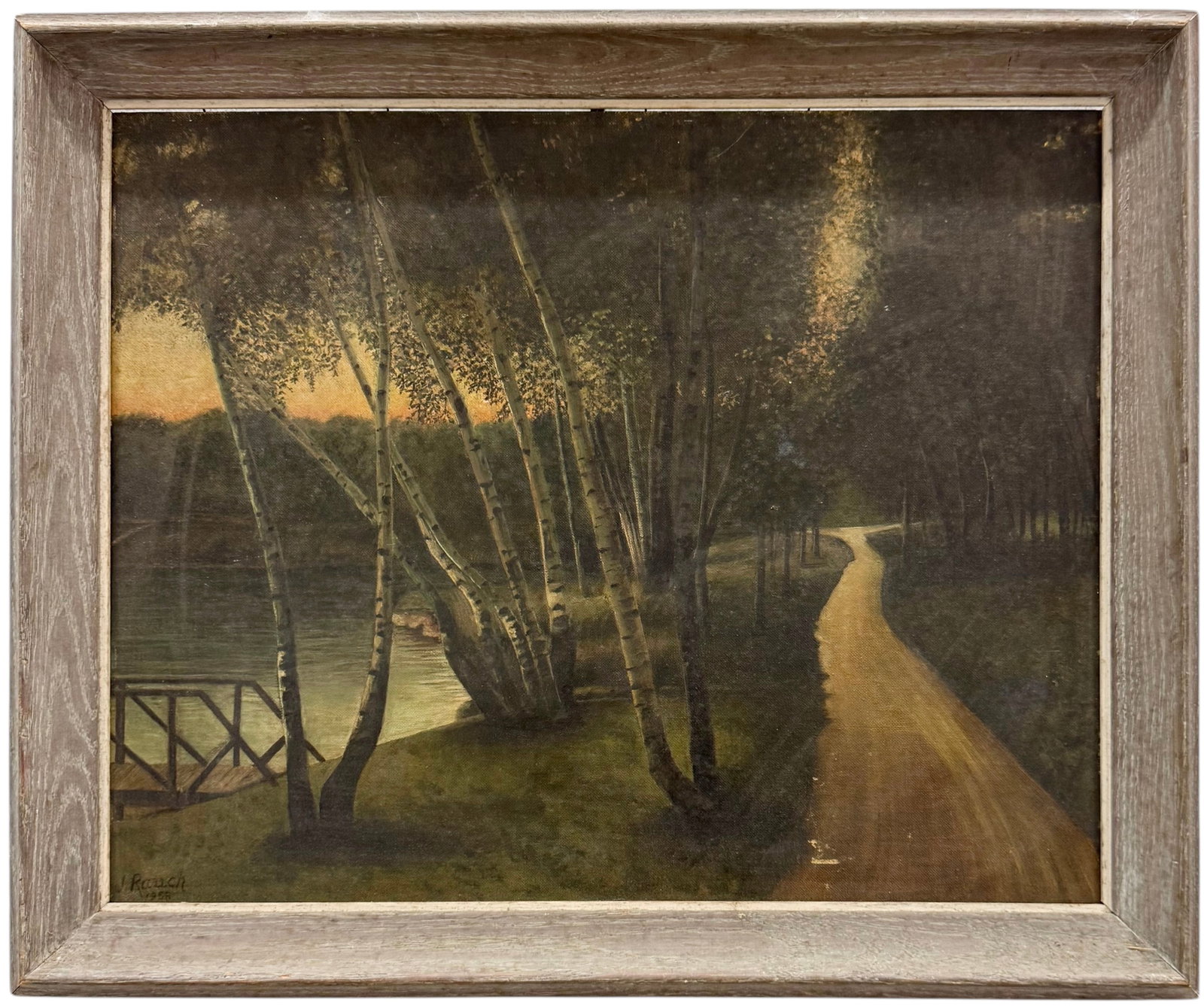 J. Rauch Early 20th American Birch Lined Drives Music Lake Scranton Pennsylvania: Oil on board 20 x 16 in, 23 x 19 in (framed). Domestic Flat Shipping Price: $60