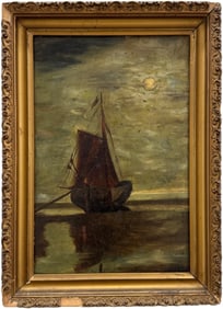 19th Century American School Moonlit Seascape With Boat Oil On Academy Board