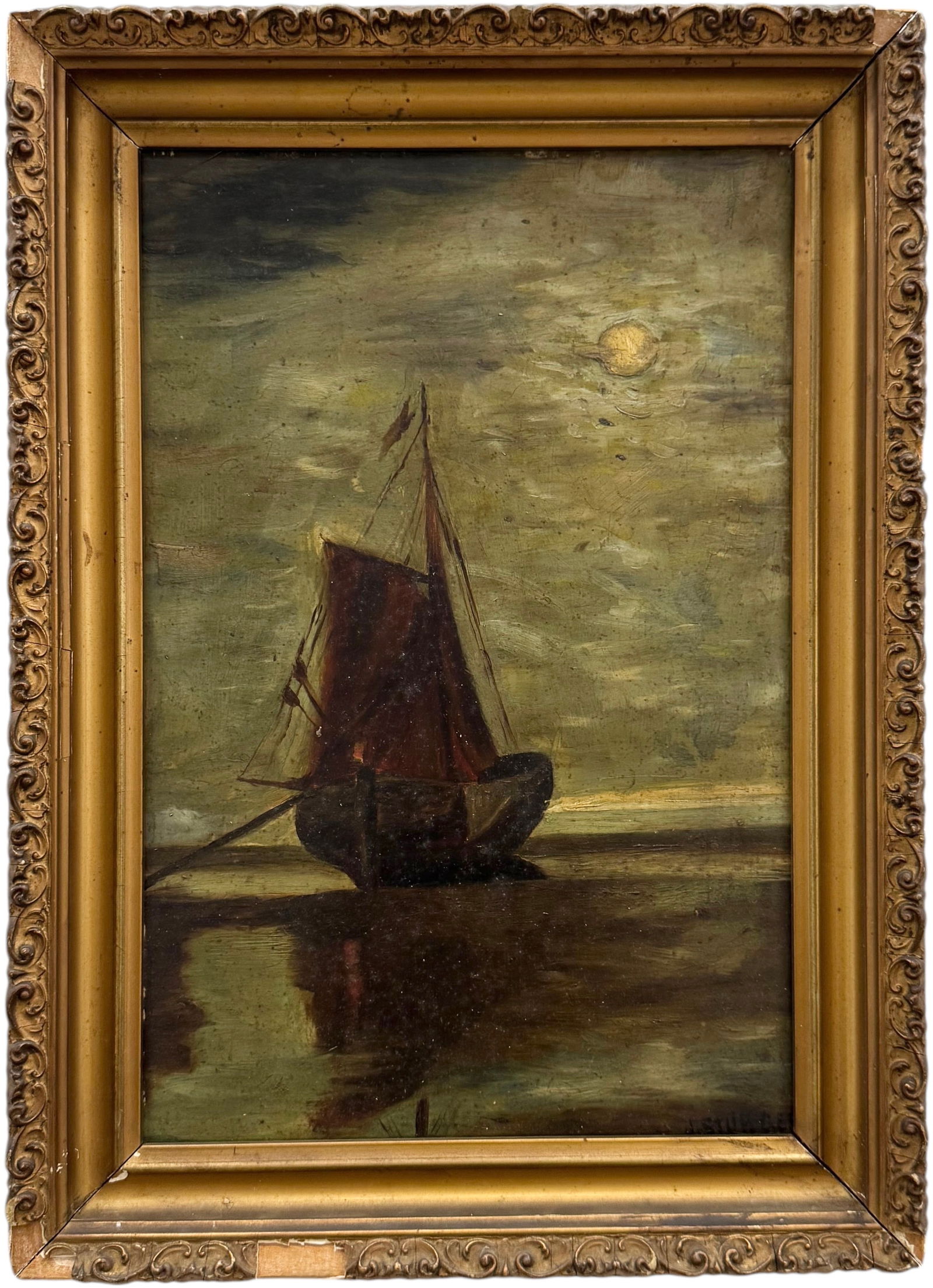 19th Century American School Moonlit Seascape With Boat Oil On Academy Board (1 of 3)