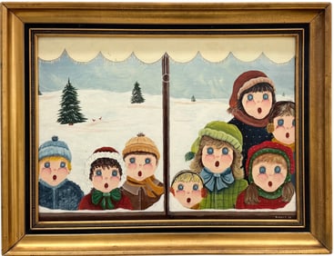 D NOTT Vintage Christmas Caroling Winter Painting With Children's Names On The Back