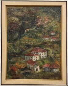 Large Vintage Mountain Landscape With Houses Signed WADDELL Oil Painting