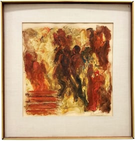 Mid-Century Modern Abstract Painting With Figures Signed Illegibly Oil On Paper
