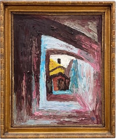 Mid-Century Abstract Expressionist Street Scene Signed With Monogram Heavy Impasto